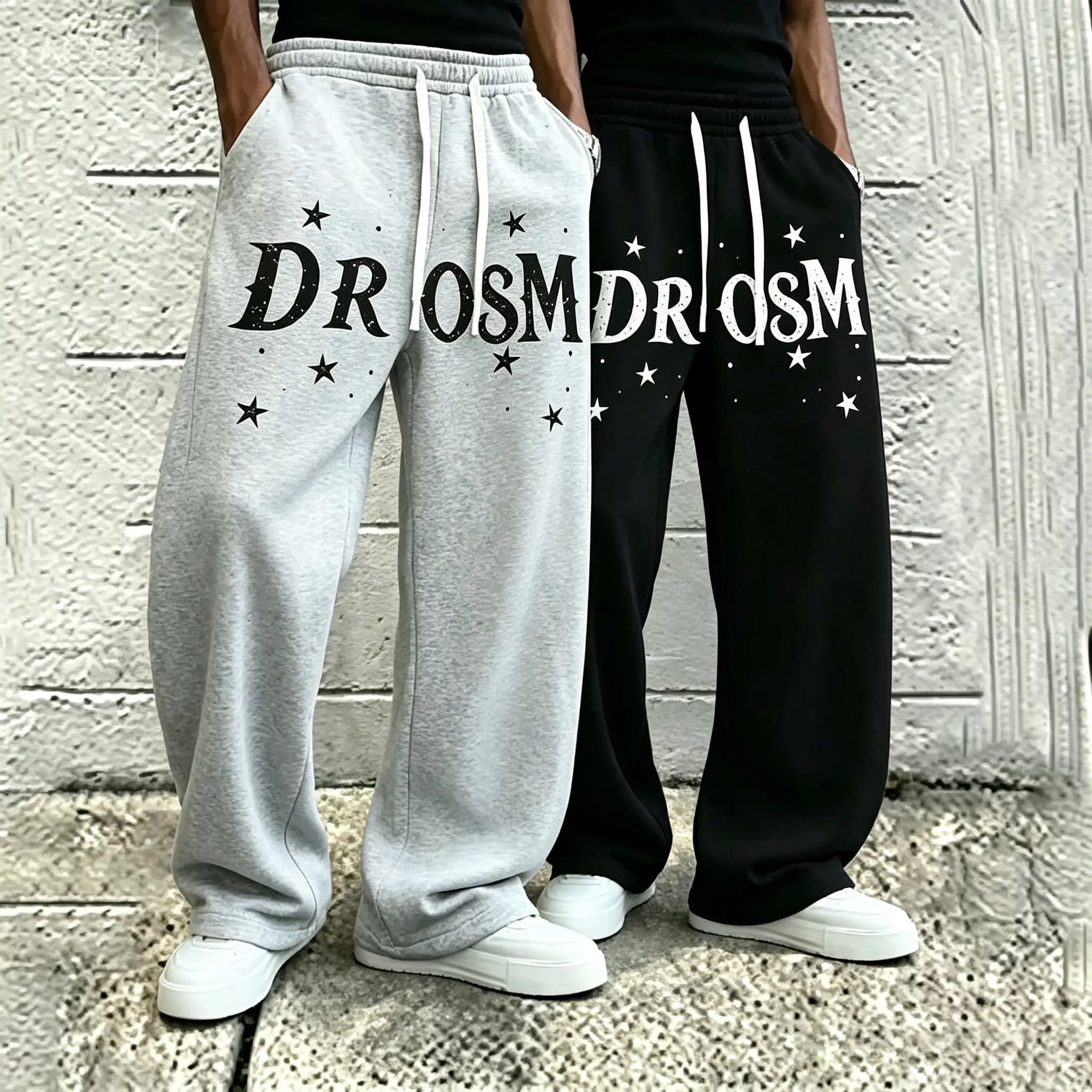 Men's Stylish Star Letter Print Oversized  - Elastic Drawstring Waist, Wide Leg, Loose Baggy Polyester Pants - Breathable Casual Streetwear for Hip Hop Daily Wear, Menswear athleisure sweatpants