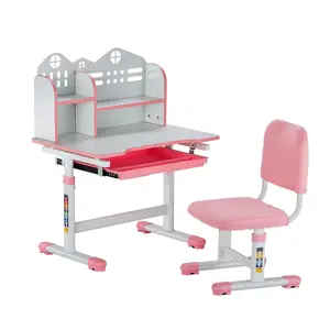 Kids Study Chair and Desk with Bookshelf & Drawer Adjustable Height Pink