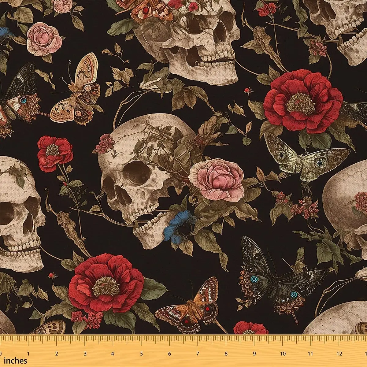 Sugar Skull Rose Decorative Waterproof Fabric,1 Yard,Death Moth Fabric by The Yard,Gothic Skull Floral Flower Upholstery Fabric, Gothic Floral, Indoor/Outdoor