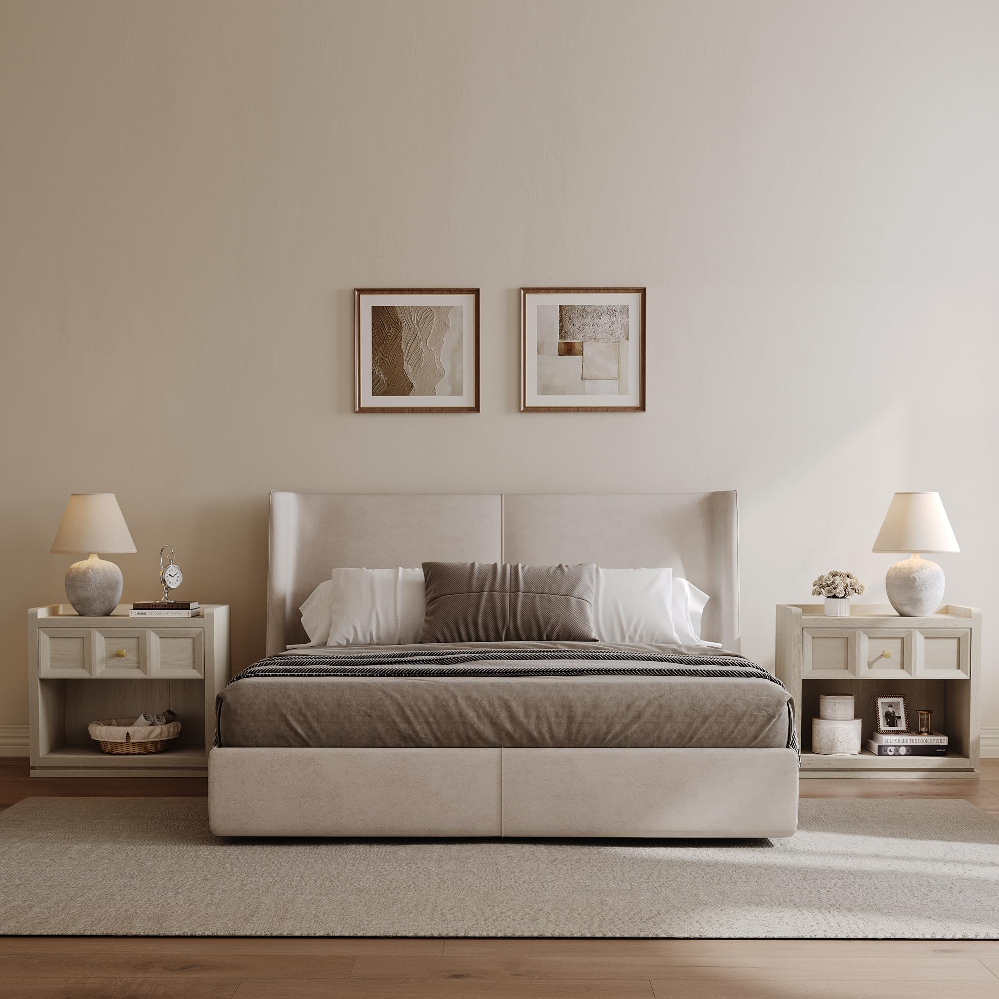 SICOTAS 31" and 26” Wide Nightstands Set of 2, Large Night Stands with Drawer, Oversized King Size Nightstand Bedside Table for Bedroom, Farmhouse End Side Table Set of 2 with Round Corners,Grey White Oak,Durable and Sturdy