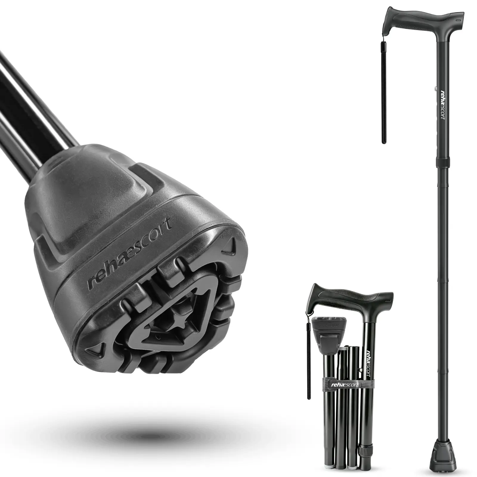 Rehaescort Walking Cane - Folding, Adjustable, Lightweight, Walking Canes for Men & Women Balance, Triangular All Terrain Tip, Ergonomic Handle, Foldable Walking Stick
