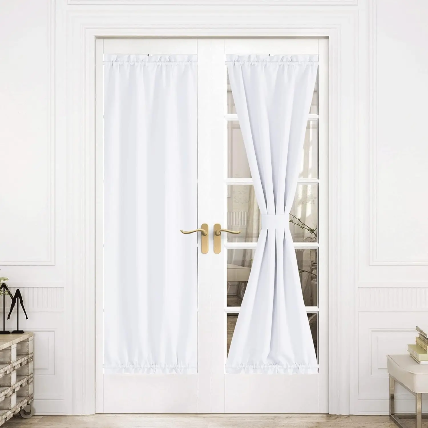 NICETOWN 1-Piece Thermal Insulated Blackout French Door Curtain Side Panel, 30" W x 72" L Glass Door Shade with Adjustable Tieback, Double Rod Pockets, Blocks 85%-95% Harmful Lights, Pure White, Do Not Bleach