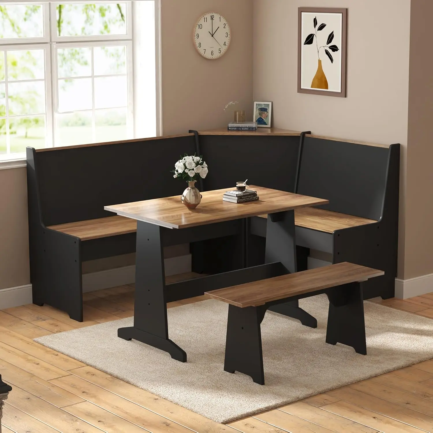 AMERLIFE 3-Piece Breakfast Nook Dining Set, L-Shaped Corner Bench with Hidden Storage, Space-Saving Kitchen Table Set for Small Spaces, Black & Oak[tiktokshopbacktoschool][SohoChic]