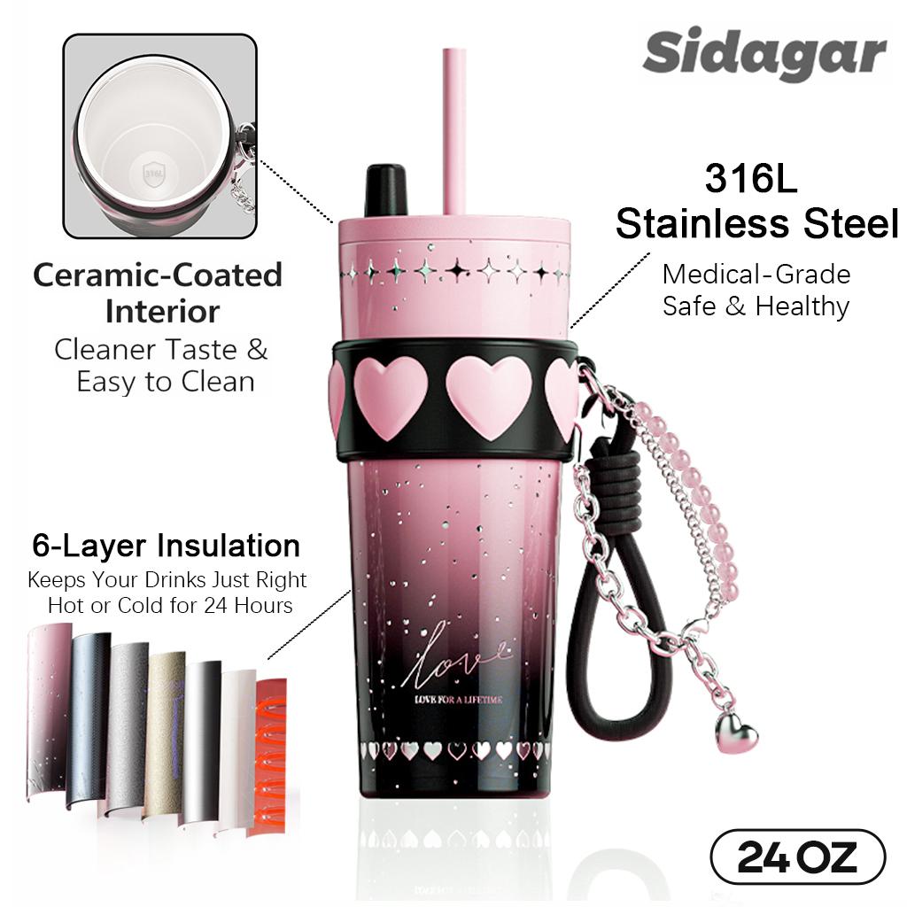 [Sidagar] Ceramic-Coated Interior Tumbler Water Bottle, 316L Stainless Steel Drinkware Cup, Coffee Cups With Cleaner Taste, Leak-Proof Straw Lid, Wide Mouth Easy Clean, Portable Flask, Slim Base Fits Car Cup Holder, 24oz