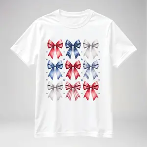 Patriotic American Flag Graphic Tee Women Soft Cotton Casual Top Independence Day USA Theme Ribbon Bow Motif Short Sleeve Crewneck Apparel Summer Celebration Style Shirt