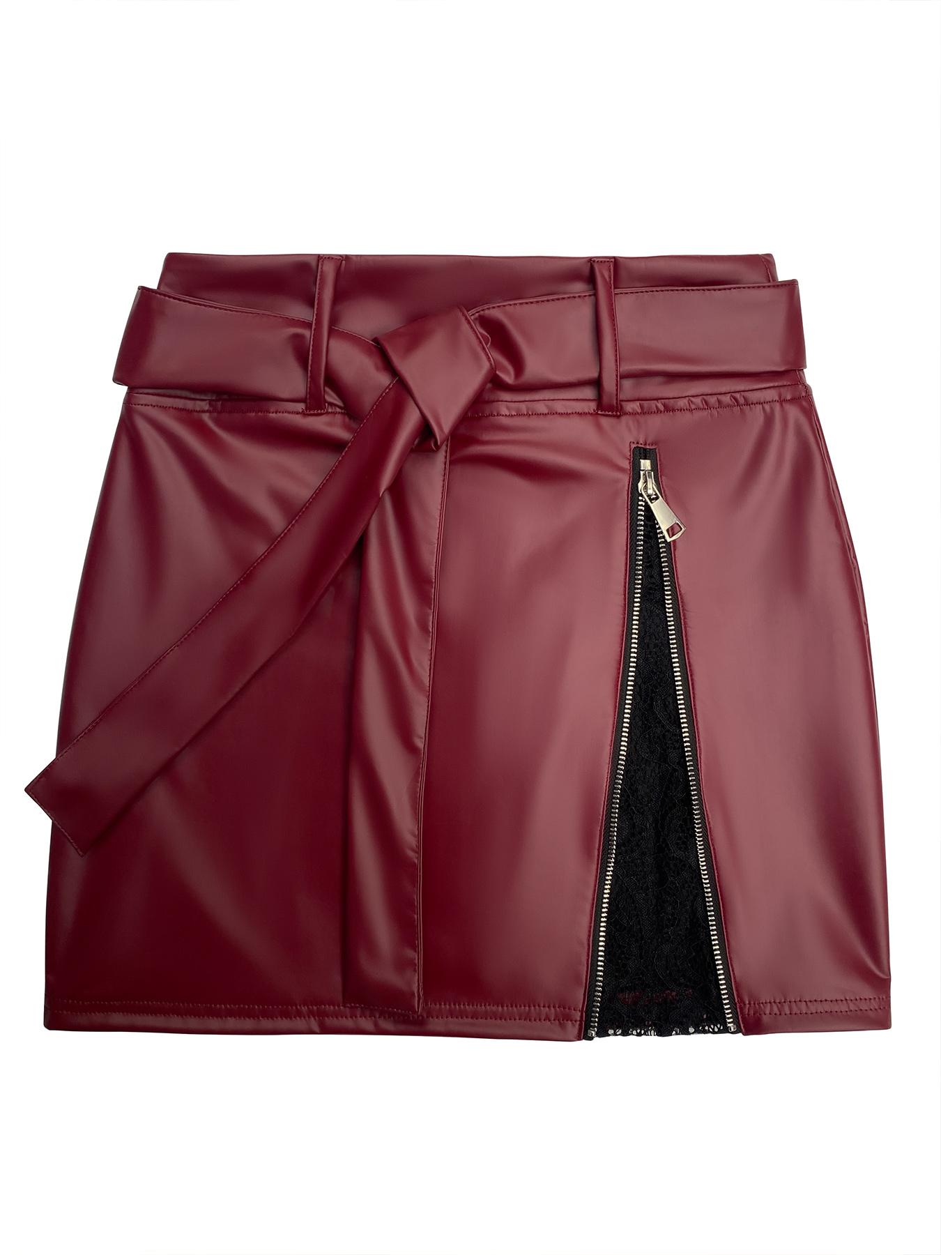 Aswulk Women's Solid Color Lace Patchwork PU Skirt with Zipper and Thin Fleece Inner Lining, Fashionable Bow Belt Mini Skirt for Daily Outdoor Wear, Ladies Bottoms for Spring & Fall & Winter Black Chic