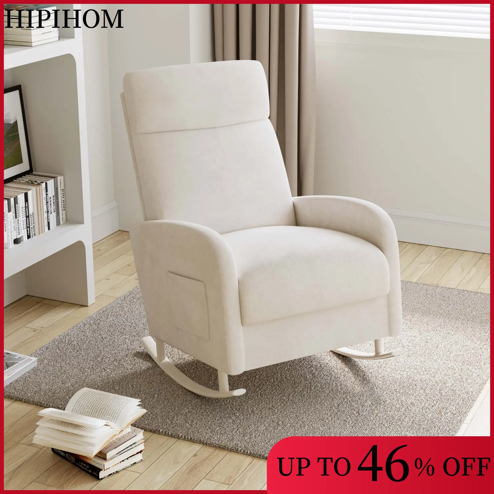 HIPIHOM Ergonomic Reclining Rocking Chair - Plush White Fabric Armchair, Living Room Furniture for Apartment Use & Soothing Babies,dorm essentials,home decor