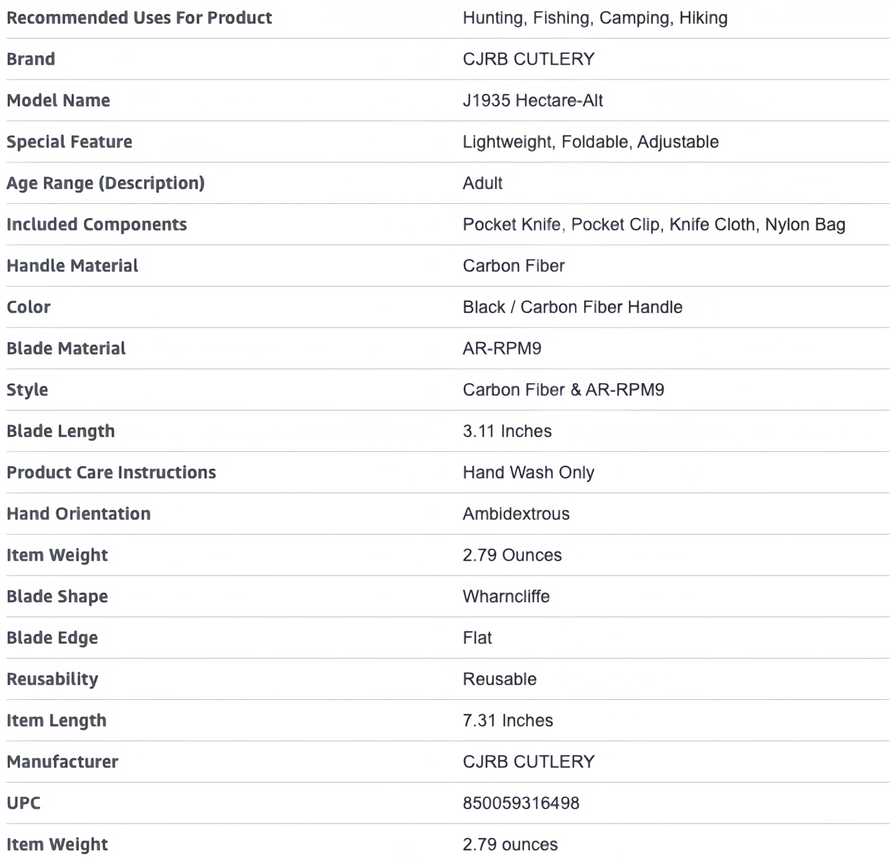 CJRB Hectare Pocket Folding Knife with AR-RPM9 Steel Blade and Black Carbon Fiber Handle, EDC Gear for Camping, Hunting, and FathersDayGift