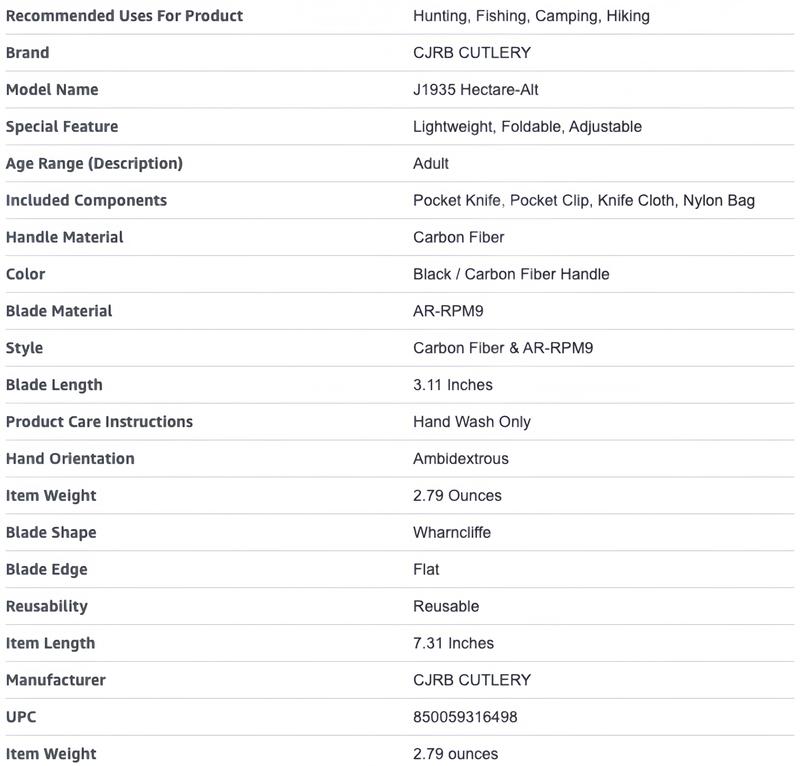 CJRB Hectare Pocket Folding Knife with AR-RPM9 Steel Blade and Black Carbon Fiber Handle, EDC Gear for Camping, Hunting, and FathersDayGift