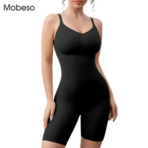 Mobeso Women's Seamless mid Thigh Tummy Control Shapewear, Slimming Bodysuit with a Breathable Sculpting Design, Waist Butt Lifter Womenswear fajas woman style Control V-Neck Bodysuit Activewear Minimalist Sports Clothes perfect body suit summerwins