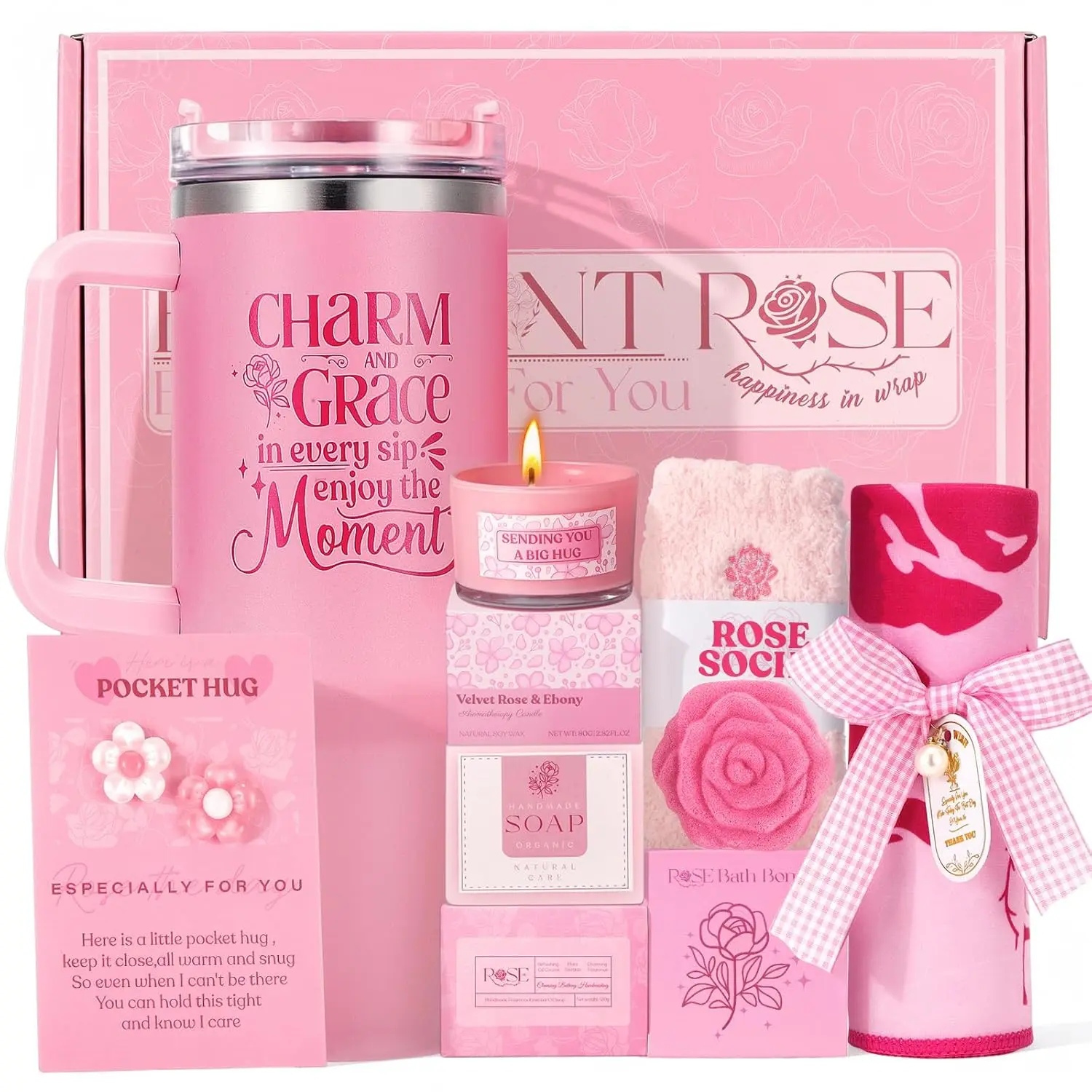 Set for Women Self Care - Pink Birthday Gifts Basket for Women Best Friend Sister Daughter Mother in Law, Relaxation Gifts Spa Gift Basket Self Care Package for Her w/ 40oz Insulated Tum-bler