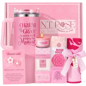 Mothers Day Gift Set for Women Self Care - Pink Birthday Gifts Basket for Women Best Friend Sister Daughter Mother in Law, Relaxation Gifts Spa Gift Basket Self Care Package for Her w/ 40oz Insulated Tum-bler