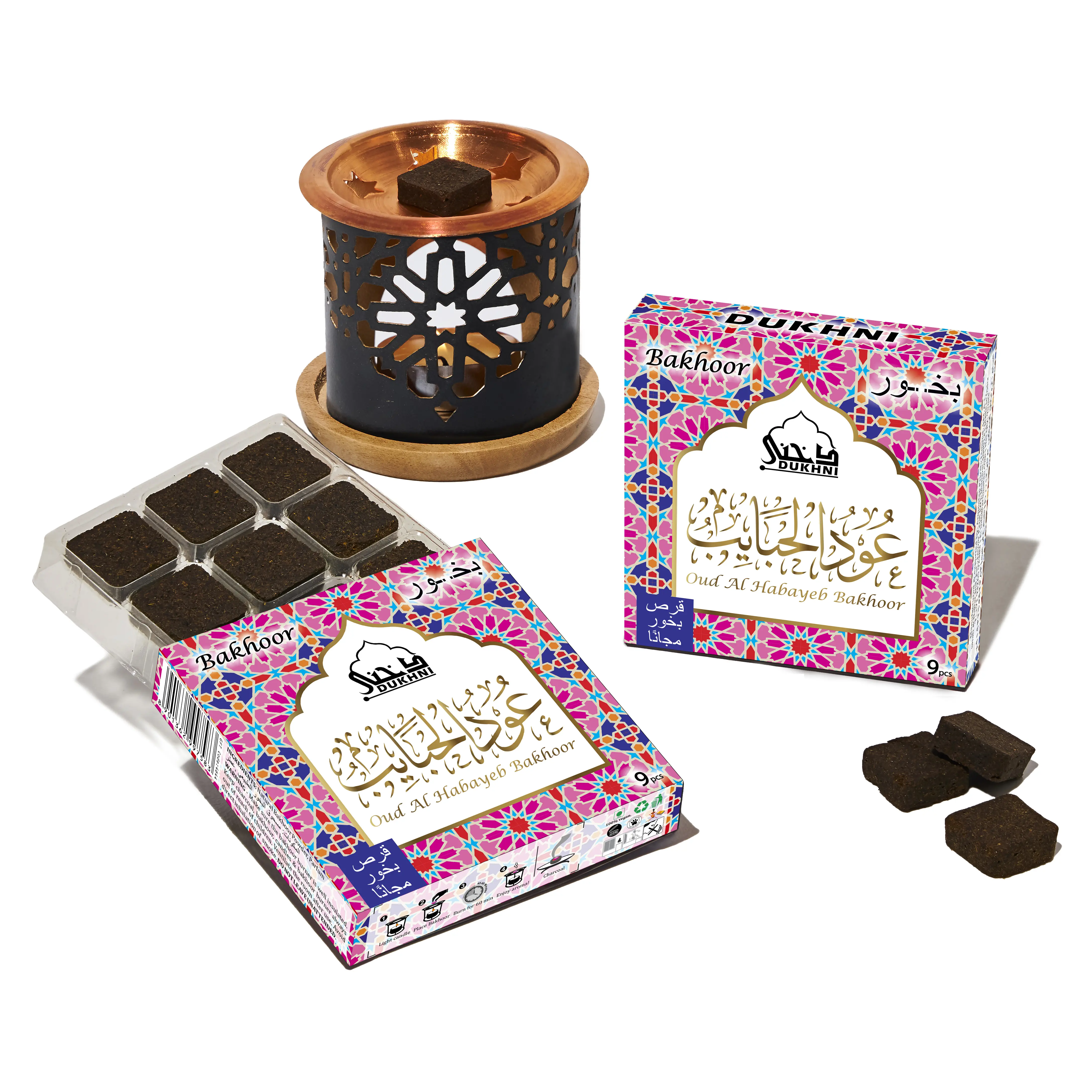 Oud Al Habayeb Bakhoor & Smokeless Taj Incense Burner Set - 2 oz Oud Bakhoor Boxes, Home Fragrance Scent Supplies with Floral, Patchouli Incense for Prayer/Meditation Candle Alternatives, Arabian Perfume Incense, Antistress Incense