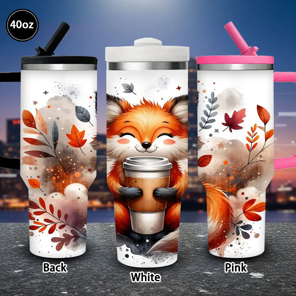 1pc 40oz Cute Fox & Fall Leaves Vacuum Flask Tumbler - Single Novelty Vacuum Flask with Lid, Straw, Winter Insulated Travel Mug, Birthday Gift Idea for Women, Office Coffee Cup
