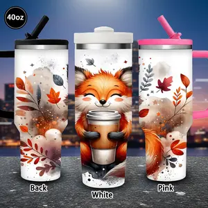 1pc 40oz Cute Fox with Fall Leaves Tumbler with Lid and straw, Winter Insulated Travel Mug, Gift for Women Men, Ideal for Valentine's Day, Birthday Gift, Coffee Cup for Office