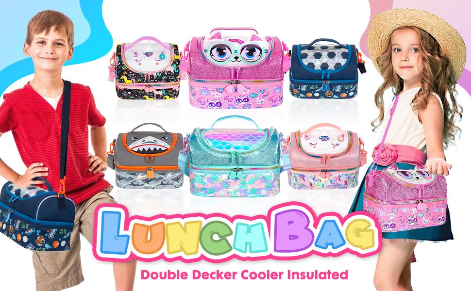 Double Decker Insulated Lunch Bag Tote - 27x18x18cm with Adjustable Strap, 3D Cat Design, Waterproof PU Material, Ideal for Picnic, Party & Travel Zipper Colorful