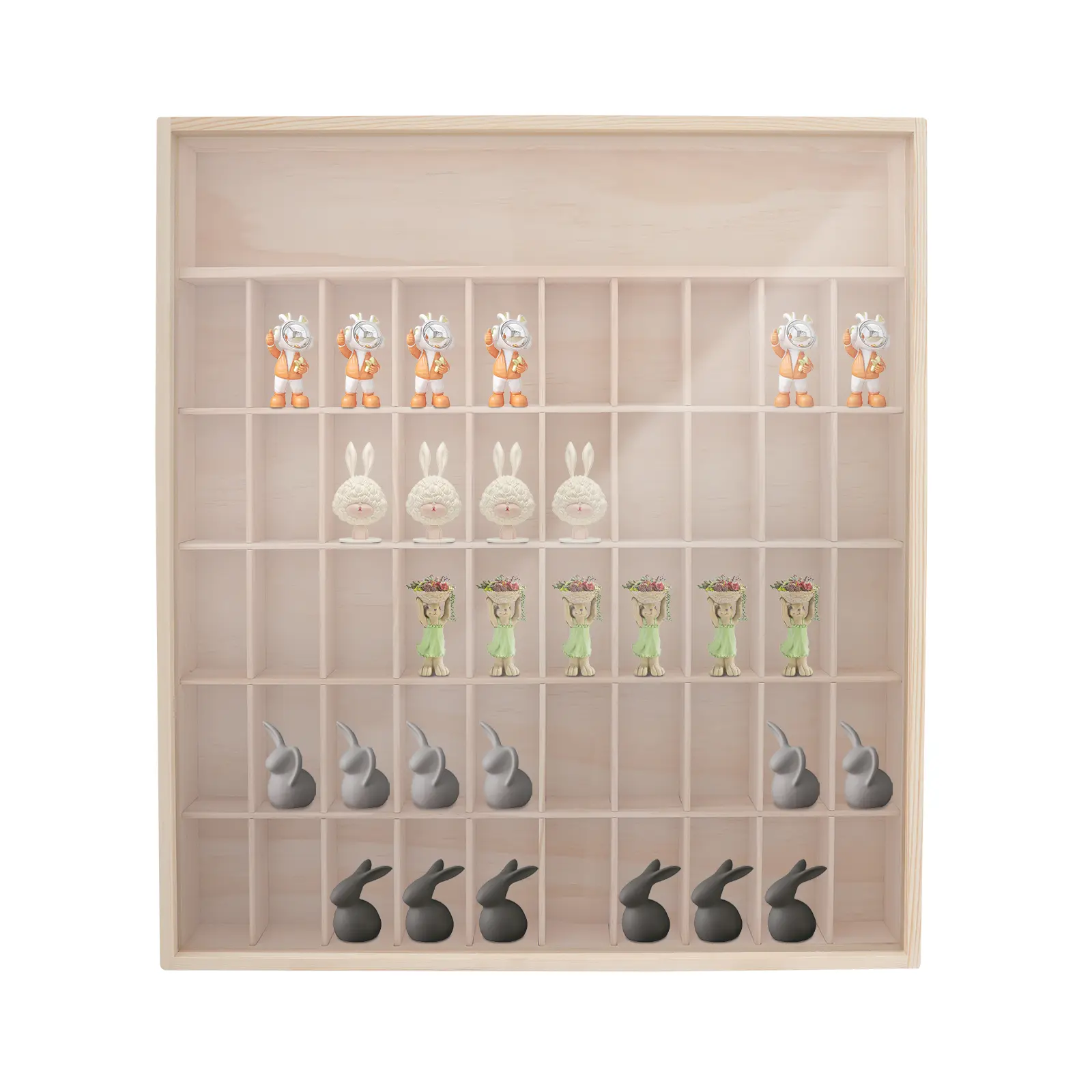 6-Tier 50-Compartment Wooden Display Case with Clear Acrylic 180° Door & Wall Mount, Dustproof Storage Cabinet for Action Figures, Mini Pop Dolls, Collectibles, Vinyl Toys, Display Shelf for Home Office Craft Fair Exhibition