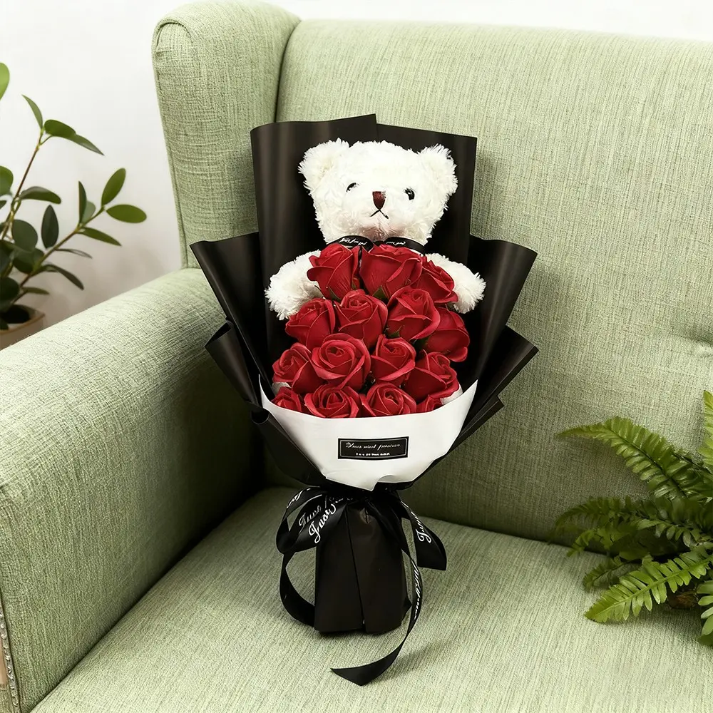 Eternal Rose Bouquet with Teddy Bear, Forever Floral Gift Set, Perfect for Women Girls, Valentine's Day Thanksgiving Christmas Birthday Anniversary