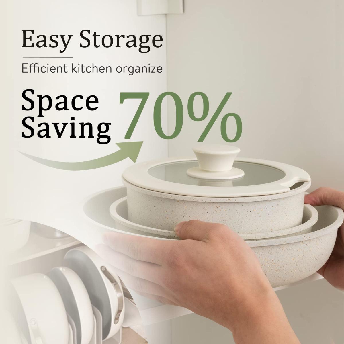 CAROTE Nonstick Cookware Sets, Non Stick Pots and Pans Set Detachable Handle, Kitchen Cookware Sets with Removable Handle, Stackable RV Cookware for Campers, Oven Safe (White 5 PCS) Aluminium