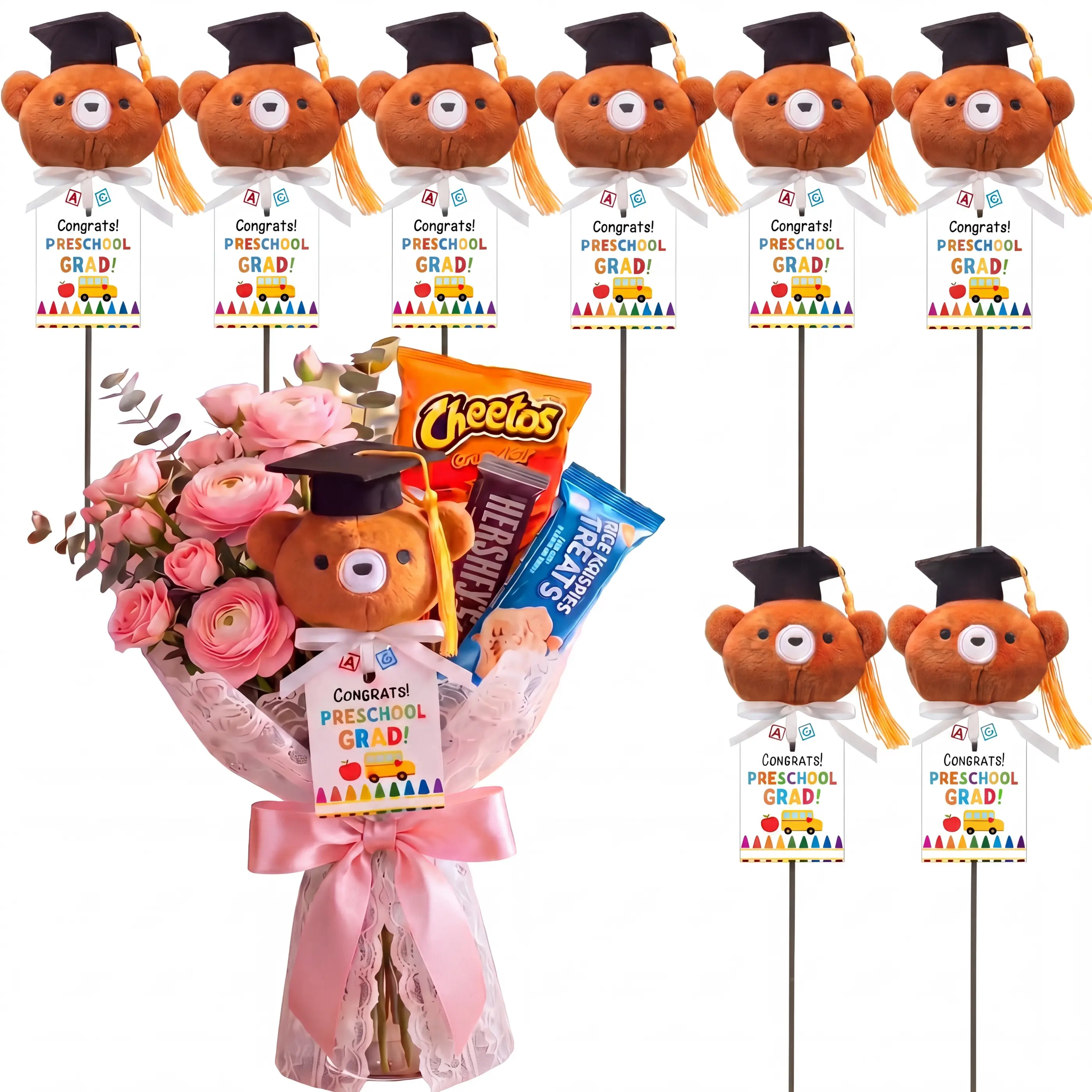 12-Set DIY Mini Graduation Bear Bouquet Goodies Set, Graduation Party Supplies for Kindergarten Preschool Students, 2026 Grad Party Table Decor, Keepsake Photo Props, Vase Filler, Card-Included Gift Kit, Twelve Sets