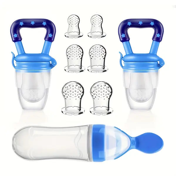 9pcs Baby Feeding Set for Feeding Baby - 1 Silicone Squeeze Feeding Bottle with Spoon, 2 Fruit Feeder Pacifiers, 6 Mesh Pouches (2S+2M+2L) Fruit Feeder Utensils, Fruit Feeder Baby Utensils