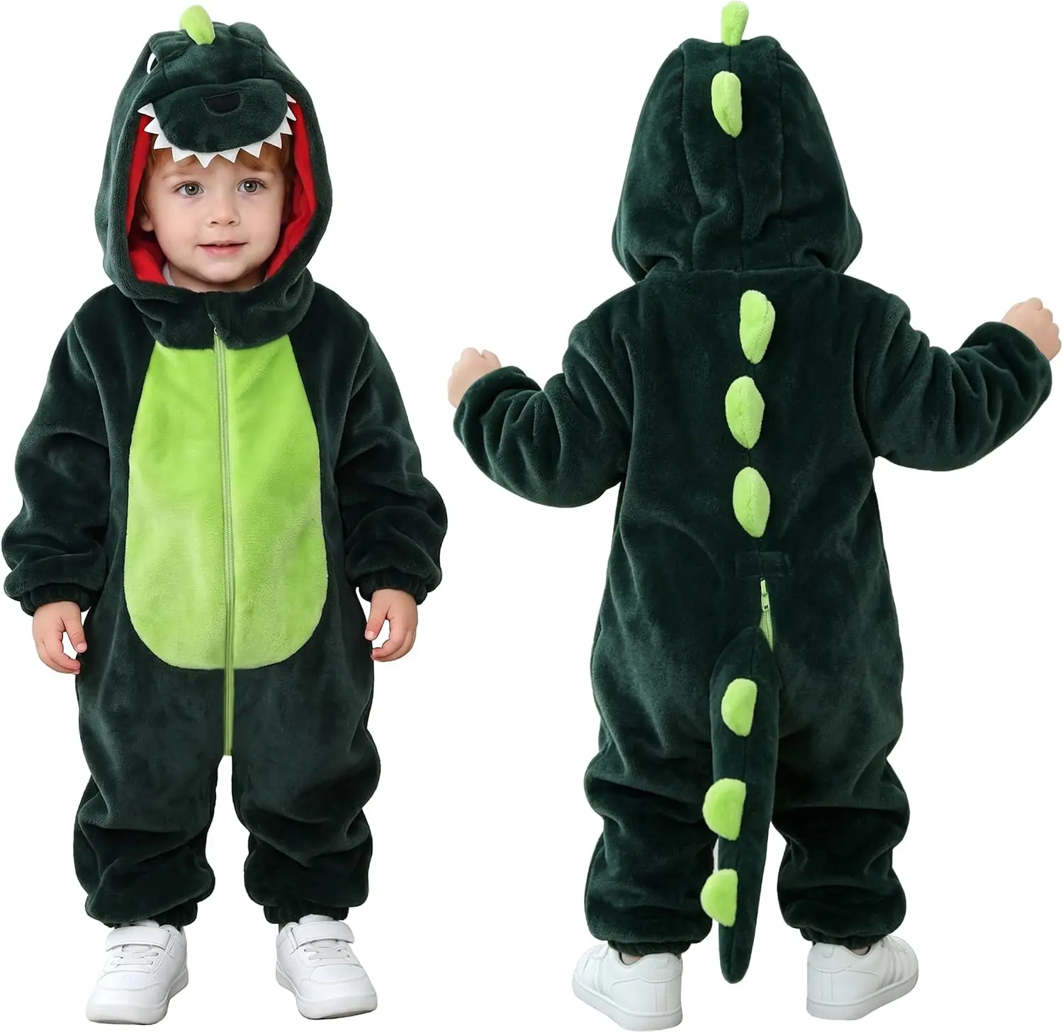 TONWHAR Unisex Baby Animal Costume for Halloween & Playwear - Dinosaur Fox Duck Panda Cartoon Hooded Romper Jumpsuit for Infants & Toddlers