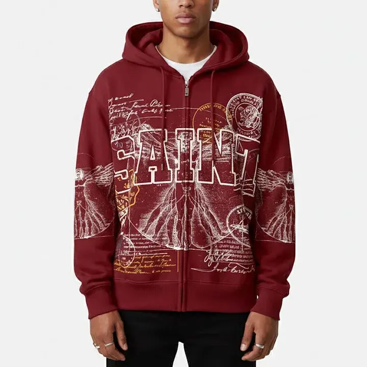Sopula Studio Men's Zip Up Graphic Hoodie - Saints Stamp Collage, Vitruvian Man Vintage Art, Casual Fall Streetwear Tops, Mensfashion Clothing