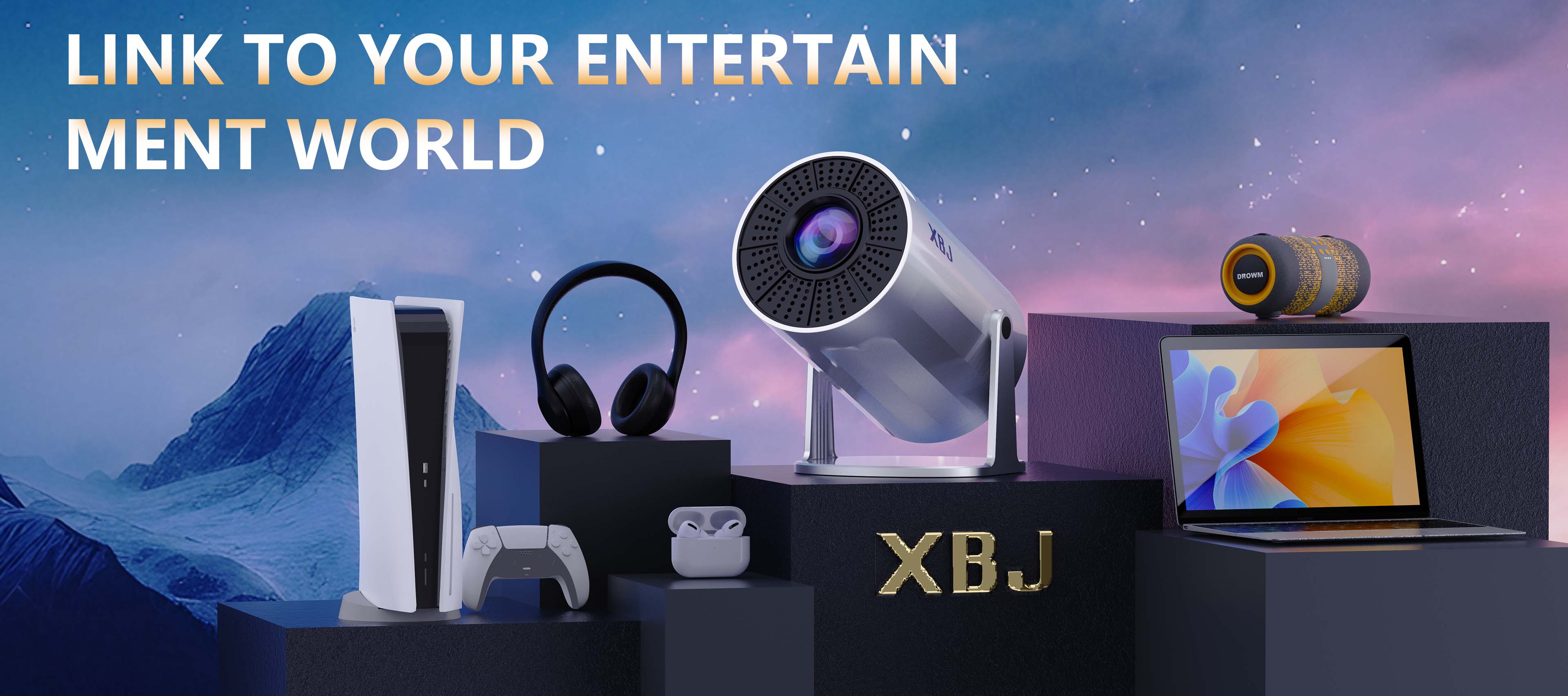 XBJ Mini Portable Projector with Wifi and BT5, 4K Support, Auto Keystone Adjustment, Pneumatic Mouse Remote Control for Outdoor/Bedroom Audio Watch Black Friday