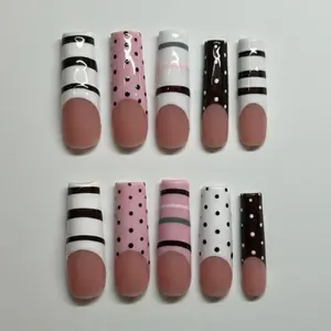 Handmade Retro Mix Match Press On Nails, Black White Stripes, Polka Dots & Pink Deep French