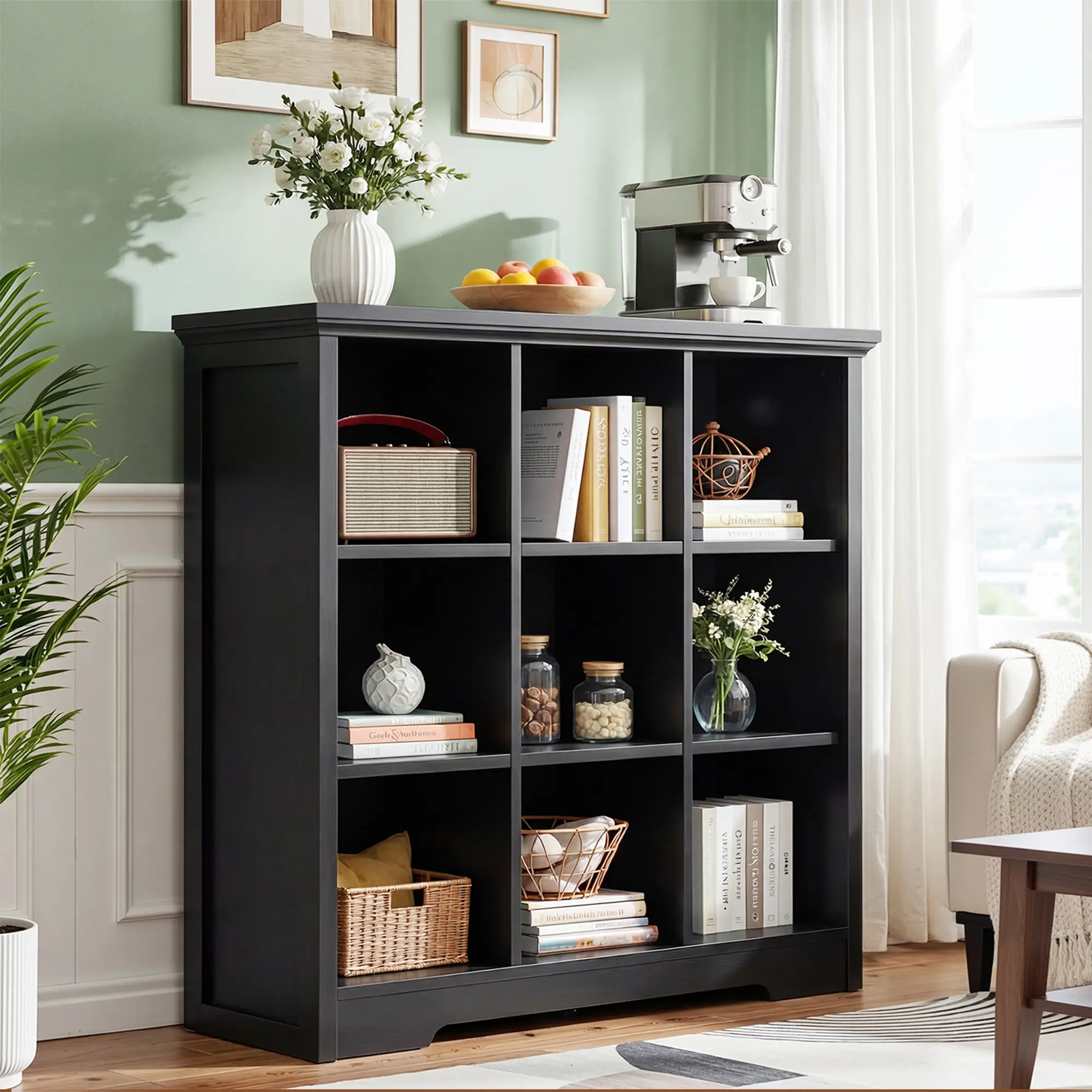 Wooden 9-Cube Storage Organizer with Charging Ports - Modern 4-Tier Floor Standing Open Cubbies Bookcase with Base for Books, Home & Office, Shelf