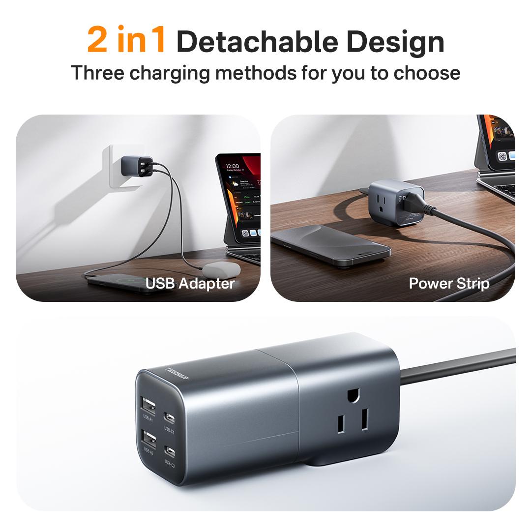 [Buy 1 Get 1 Free 60W Charging Cable] Tessan Detachable Power Strip with 35W GaN Fast Charging, USB Adapter and 3AC Power Strip into One for Easy Portability, 7-in-1 Power Strip with USB-A/C Ports for Phones, iPad, MacBook and More Devices