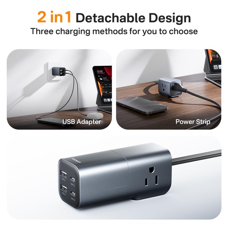 [Buy 1 Get 1 Free 60W Charging Cable] Tessan Detachable Power Strip with 35W GaN Fast Charging, USB Adapter and 3AC Power Strip into One for Easy Portability, 7-in-1 Power Strip with USB-A/C Ports for Phones, iPad, MacBook and More Devices