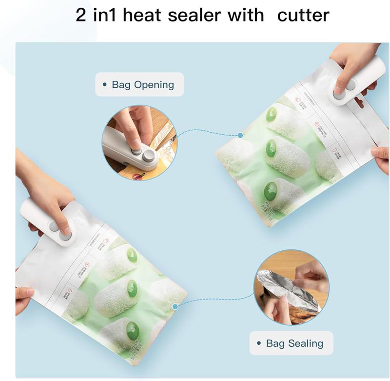 Mini Snack Bag Sealer Machine Rechargeable 2 in 1 with Cutter Keeps Food Fresh White Plastic Electric Heat Sealer Ideal for Selling Bags Compact and Practical