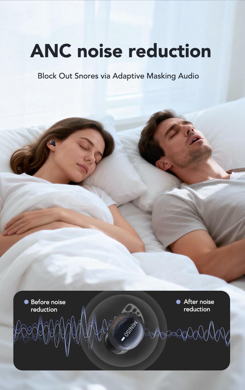 MINISO MS216 Sleep Headphones, comes with free sleep earplugs, buy one get one free.  These mini wireless Bluetooth 6.0 earbuds feature liquid silicone material, high-definition sound quality, and a battery level display. Suitable for work and travel.