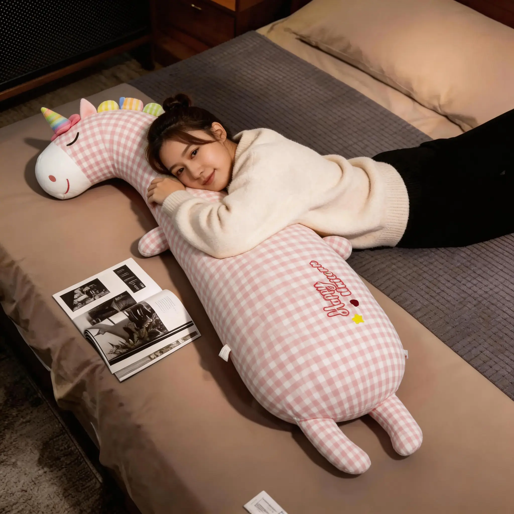Plaid rabbit long throw pillow, removable and washable leg throw pillow, special throw pillow for girls to sleep, unicorn cute plush cushion, bedroom bedside pillow, birthday gift