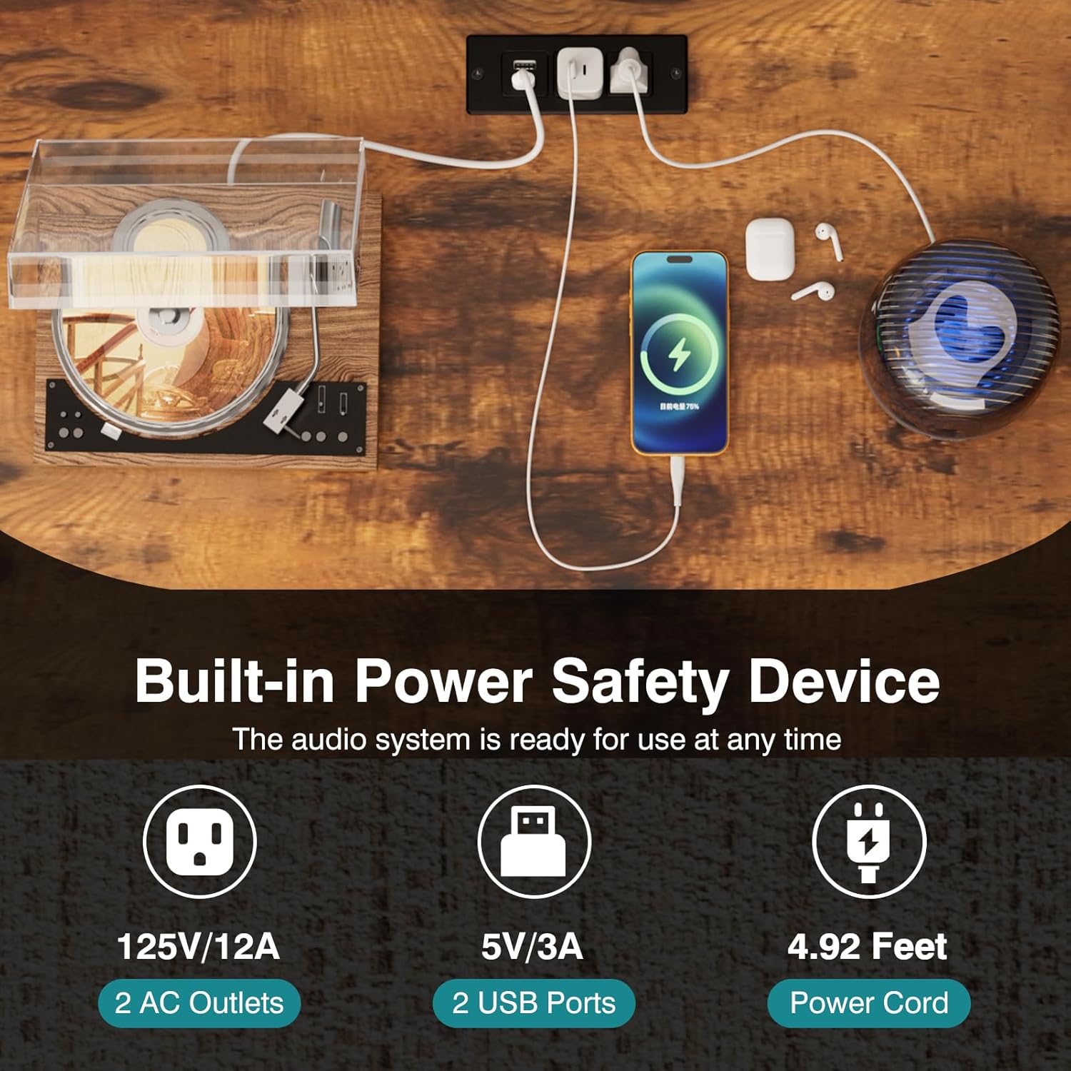 Wine Rack Table with LED Lights & Power Outlets, Floor Liquor Cabinet with Glass Holder, Adjustable Wine Storage, Coffee Bar Table Sideboard for Home, Rustic Brown/Gray