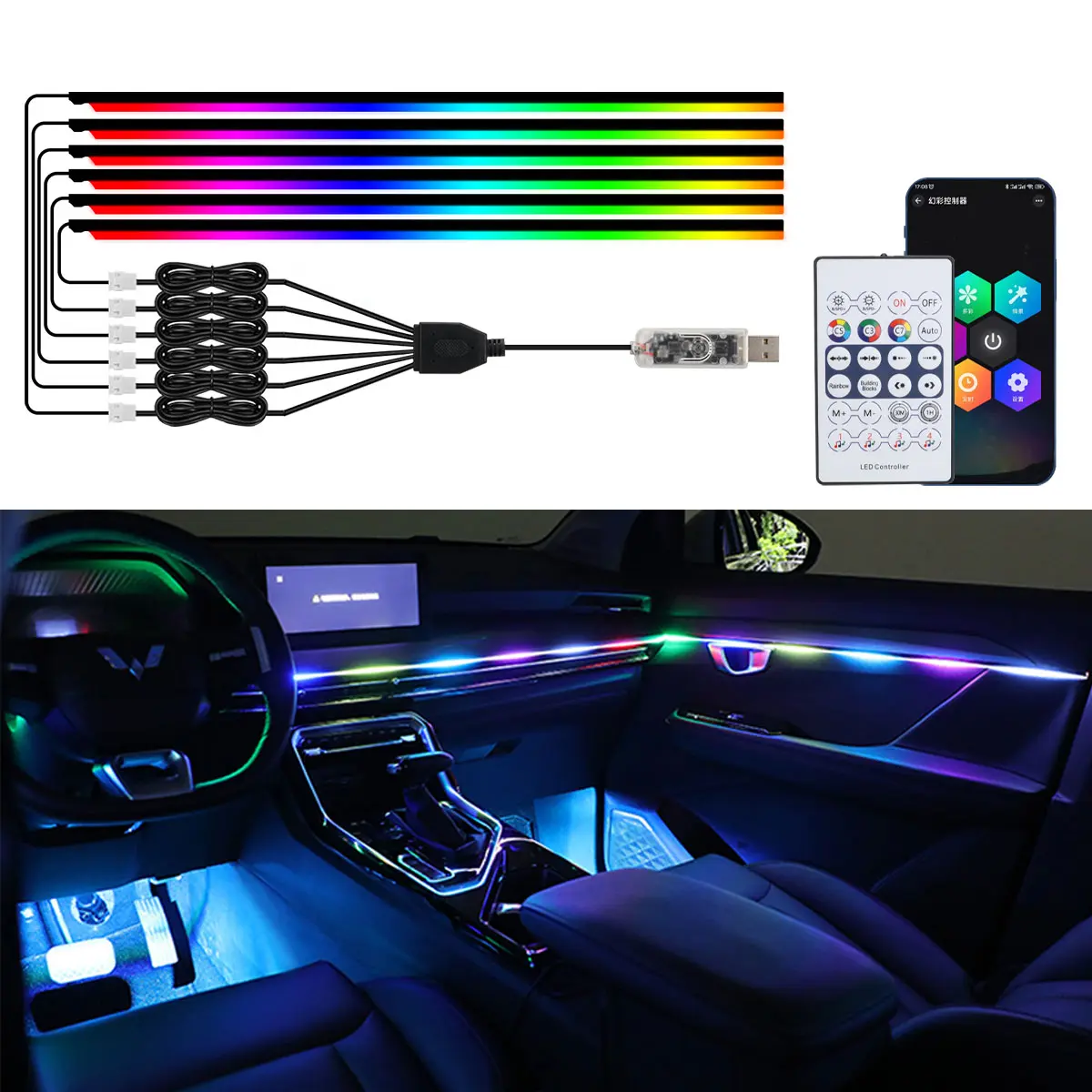 10-in-1 Car LED Acrylic Strip Light, Car Decorative Light, Auto Decorative Light, RGB Color-Changing Ambient Lamp, Remote and APP Control, Multifunctional Interior Atmosphere Lighting for Vehicles