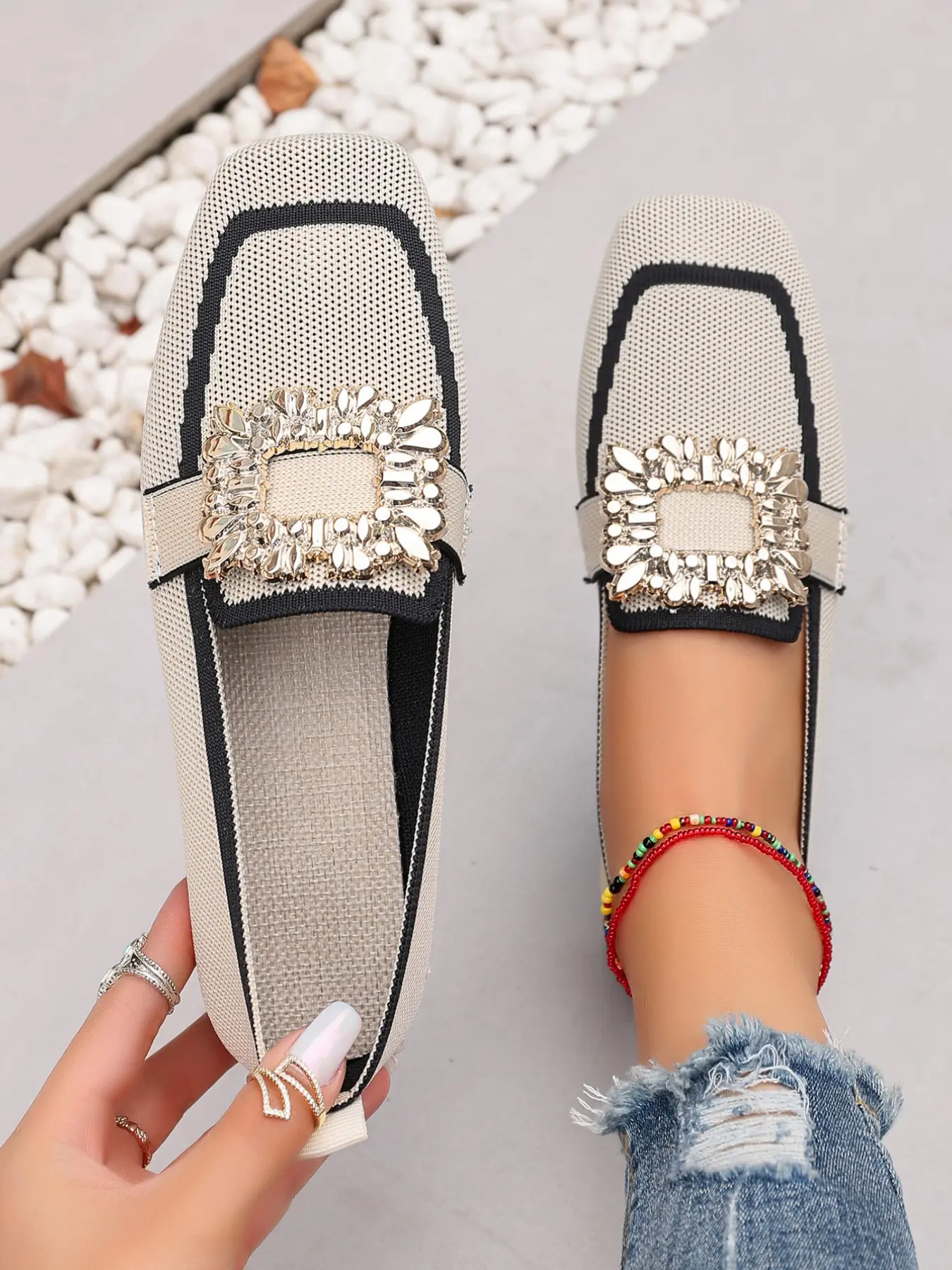 Women's Breathable Lightweight Flat Shoes, Metal Buckle Design, Square Toe Slip-On Comfort Casual Shoes, Walking Shoes, Ideal for Daily Commute and Shopping, Breathable Flats