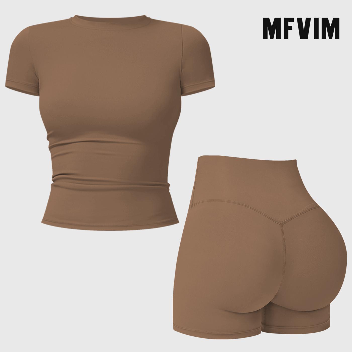 MFVIM 2-Piece Impact  Set for  Women's Long/Short Sleeve T-Shirt Tank Top +  Impact Shorts with Butt Lift, Seamless  Biker Shorts, Going Out  Set,  Clothing, Skinny Sports Apparel, Compression Activewear  Wear  Clothin gym fitness workout Yoga Bottoms Spr