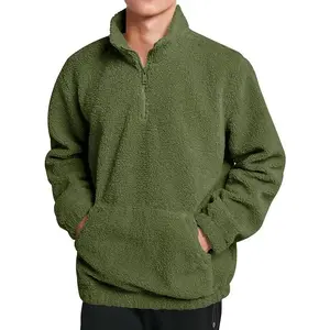 Runcati Mens Fuzzy Sherpa Sweatshirt Quarter Zip Fleece Pullover Winter Fall Warm Outerwear With Kangaroo Pocket