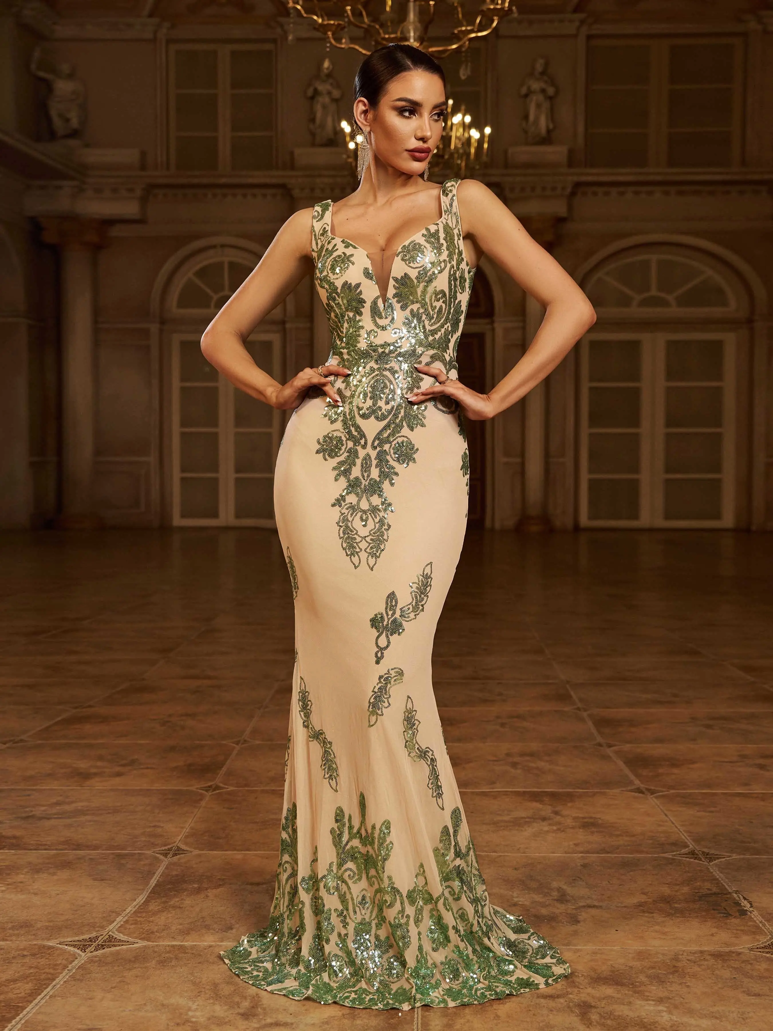 MISSORD Sleeveless Mermaid Sequin Gown evening maxi Dress   Fit Formal Prom Dresses Apricot Floral Slim Fit High Waist Elegant Cami red carpet pram v neck