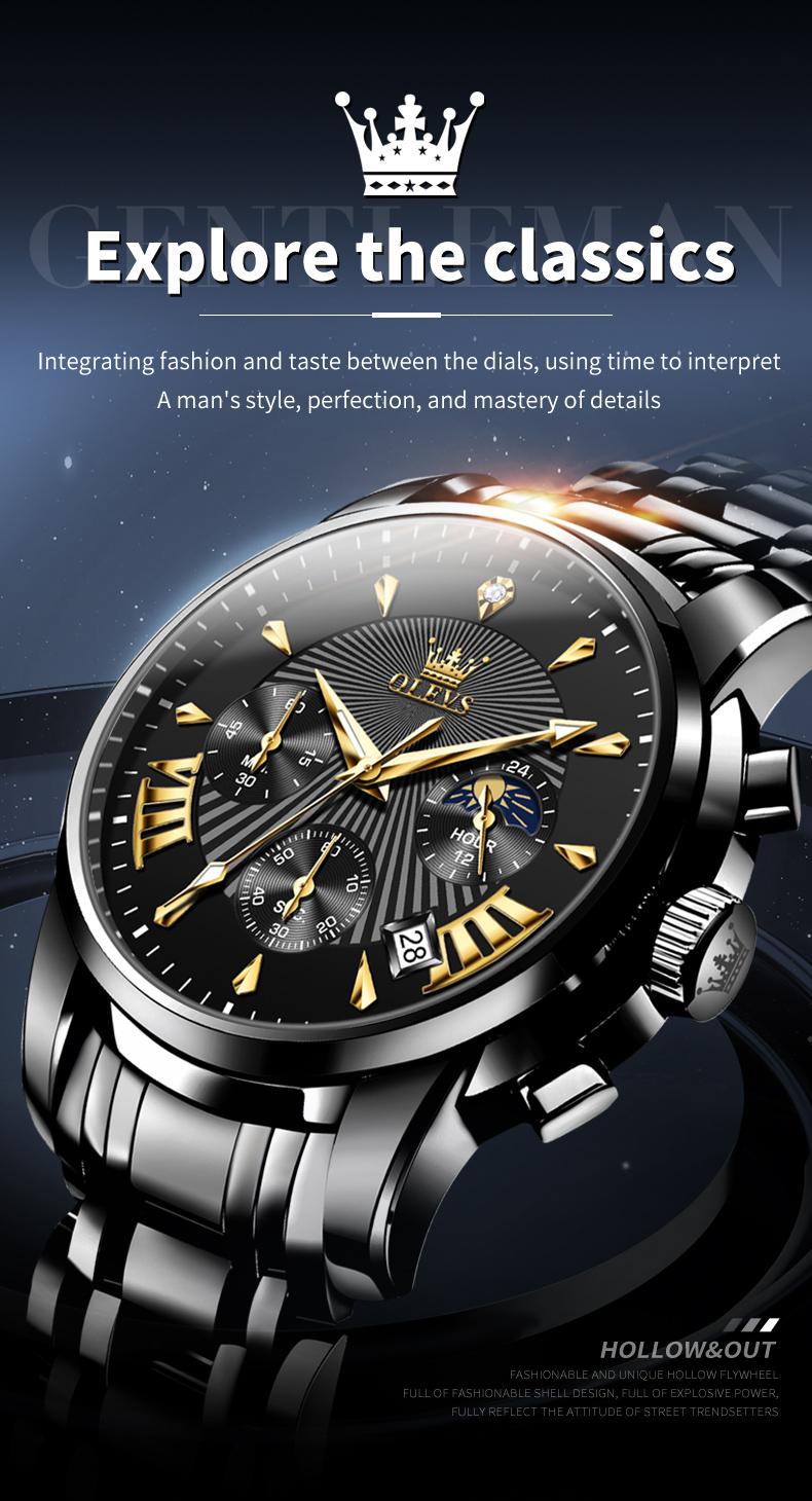 OLEVS Men's Watch Chronograph Business Dress Quartz Stainless Steel Water Resistant Luminous Date Wristwatch