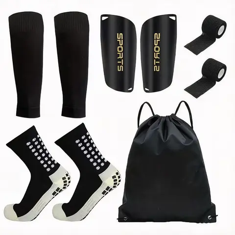 Adult 9-Piece Professional Synthetic Football Training Set - Grip Socks for Soccer, Sports Socks, Shin Guards, Shin Sleeves, Tape, Outdoor Sports Accessory
