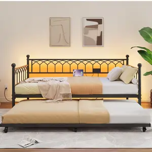 Bed Frame, Twin Daybed with Trundle, Convertible 2-in-1 Sofa w Charging Station, RGB LED Lights, Space Saving Metal Sleeper for Small Spaces, Apartments, Living Room, Guest Room,Black
