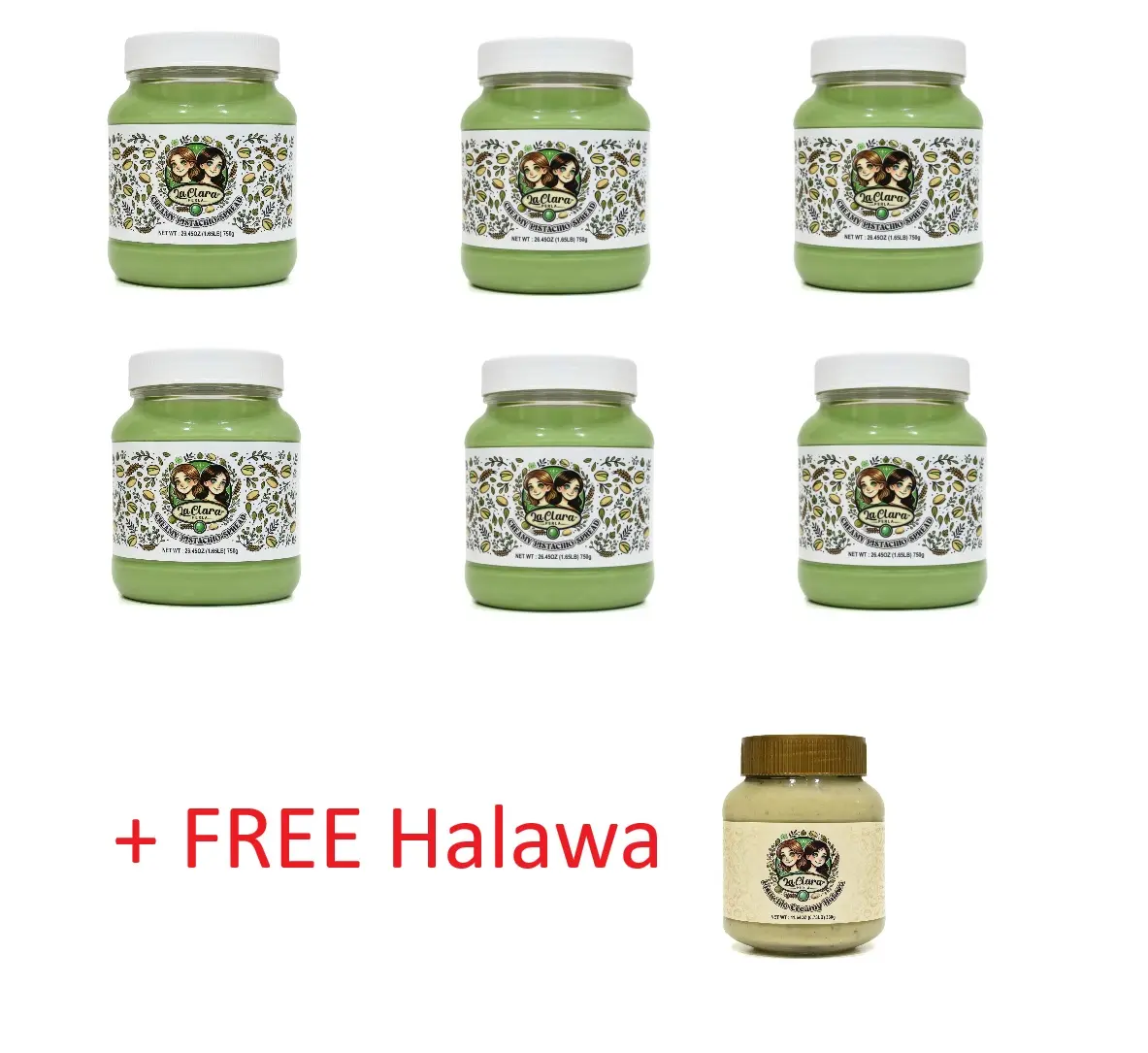 6 x Creamy Pistachio Spread (750) + 1 Free Halawa Pistachio Spread (330g)