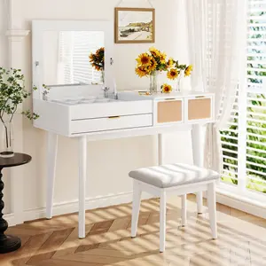 43.3" Classic Wood Makeup Vanity Set with Flip-top Mirror and Stool Dressing Table with Three Drawers and Storage Space White Furniture for Bedroom Modern Design with Gaslifts and Woven Rattan Drawers