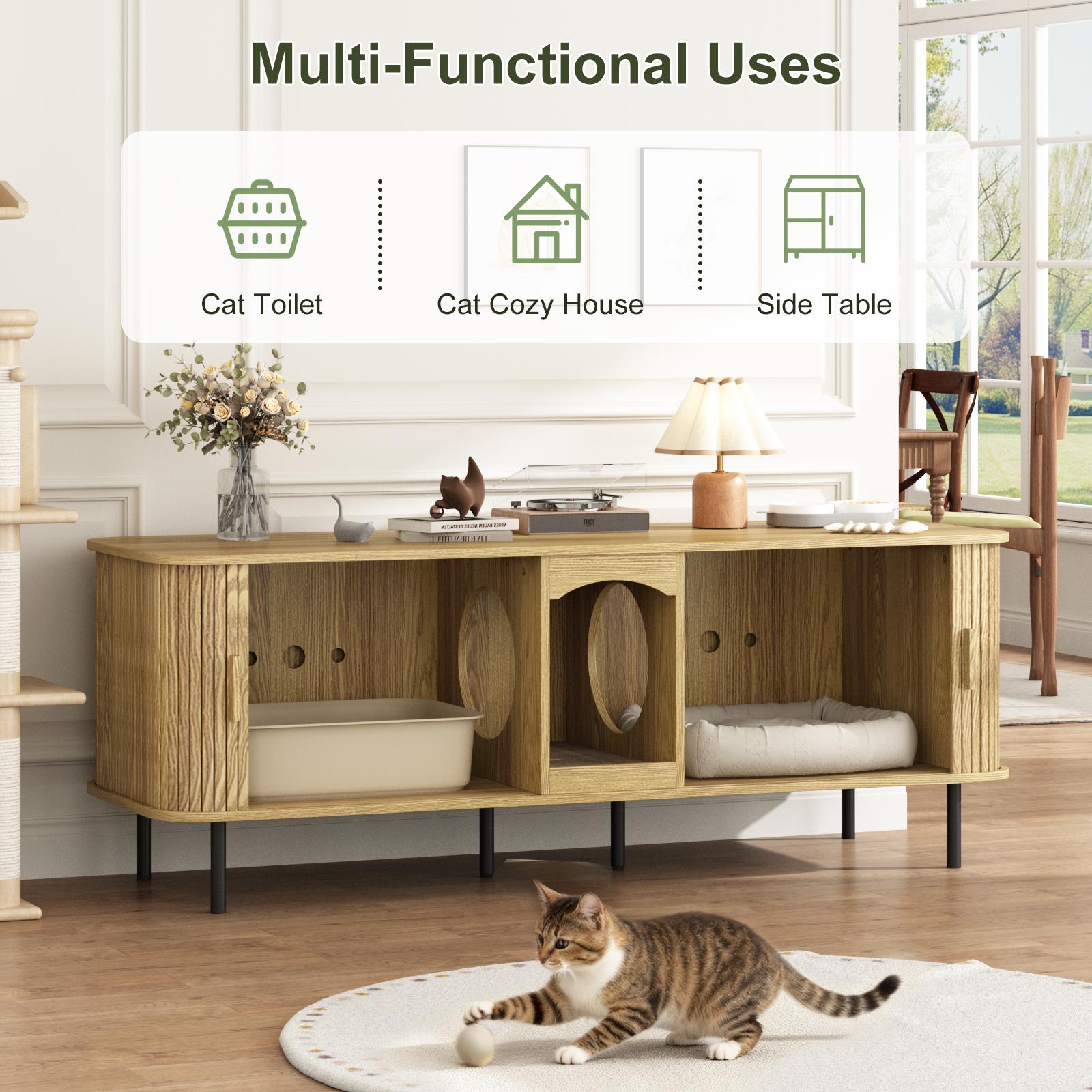 Fluted Hidden Cat Litter Box Enclosure – Modern Wood Furniture with Scratching Pad, Large Indoor Cat House Cabinet Side/End Table for Living Room & Entryway