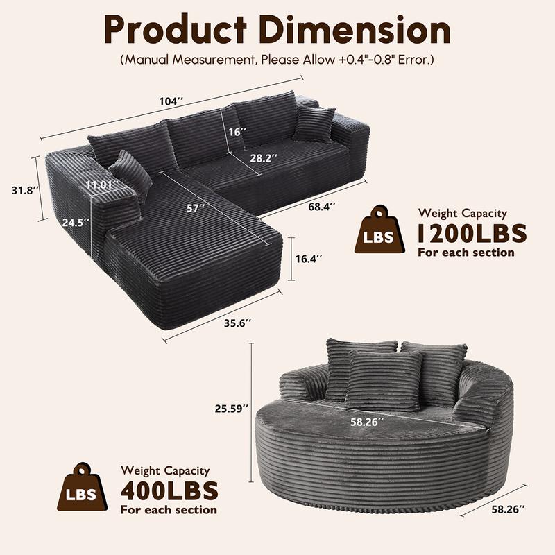 【3 Packages Shipping】Ovios 104" Modular Couch with Chaise and 59" W Oversized Round Sofa Bed - L-Shaped Sectional Sofa Set with Flexible Configuration, Plush Corduroy Cloud Velvet Fabric,No Assembly Required, 5 Seater