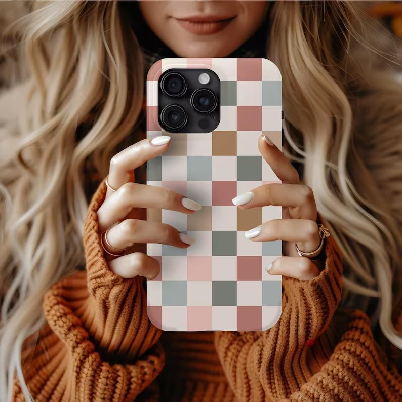 BOHO CHECKERED Case Cute Neutral Phone Cover for iPhone 17 16 15 14 13 12 Pro Max Plus Mini Trendy Phone Accessories Gift For Her Sweet Protection Protective