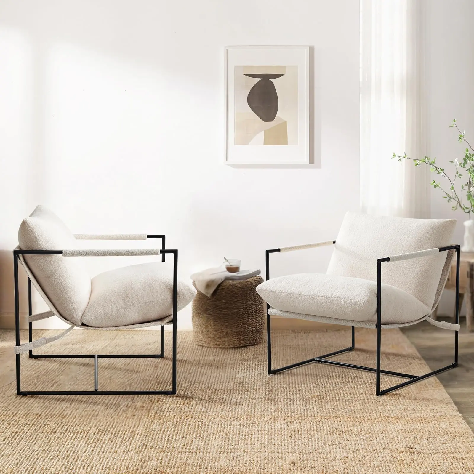 Large Sling Accent Chairs , Comfortable Boucle Fabric Arm Chair, Upholstered Cozy Reading Chair for Living Room, Bedroom, Dressing Room, Home Office